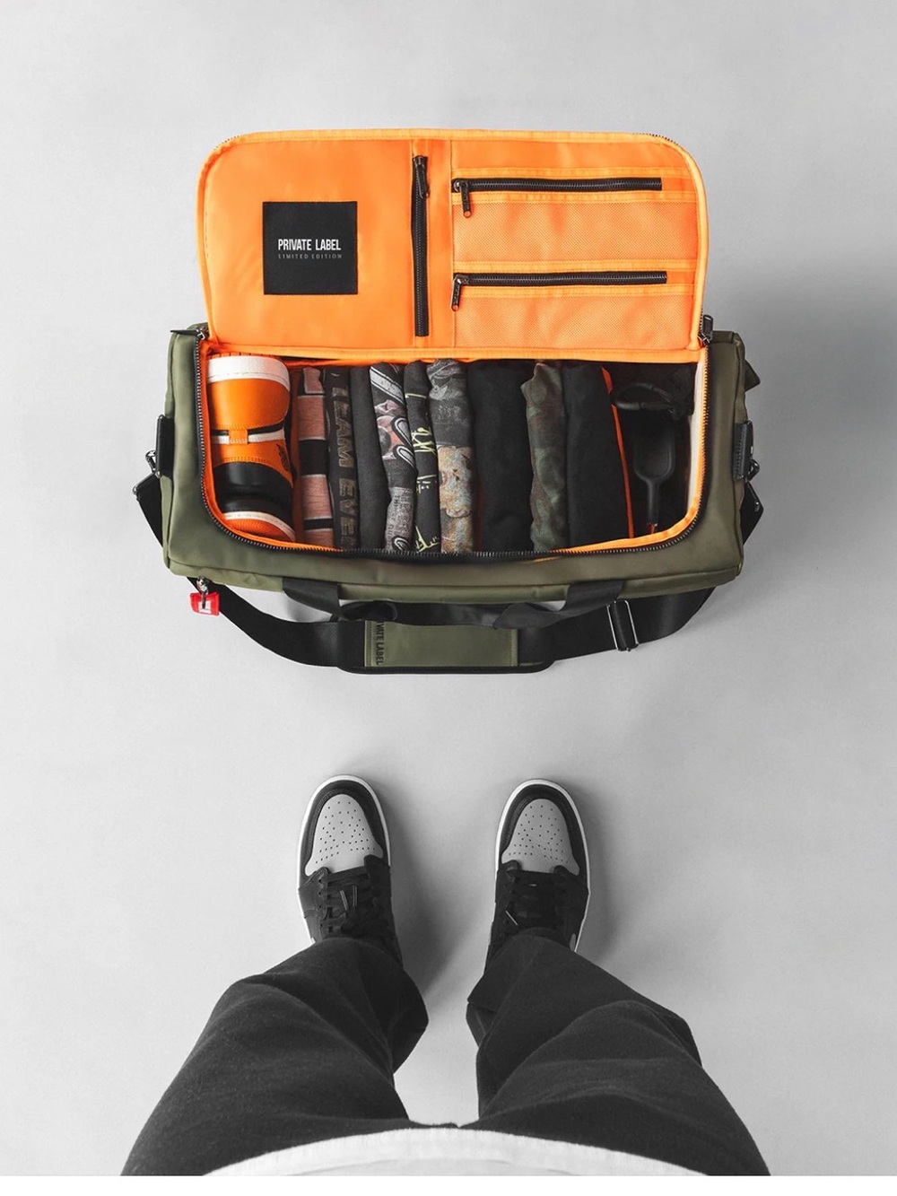 Private Label Olive Green Travel Duffel with Bright Orange Lining